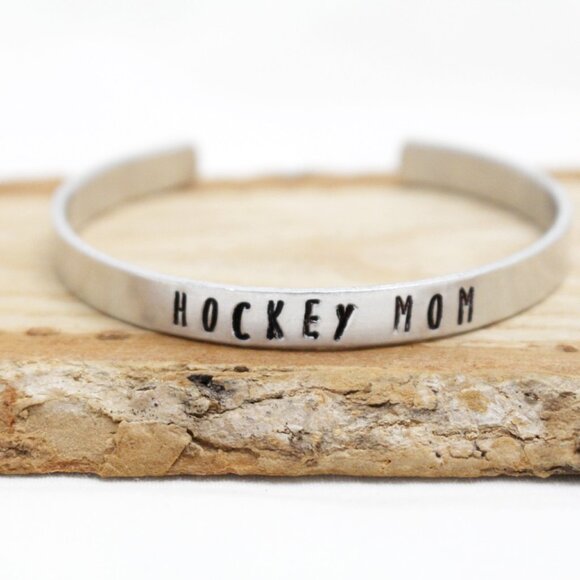 Hockey Mom - Hand Stamped Anodized Aluminum Bangle - Adjustable - Picture 7 of 11